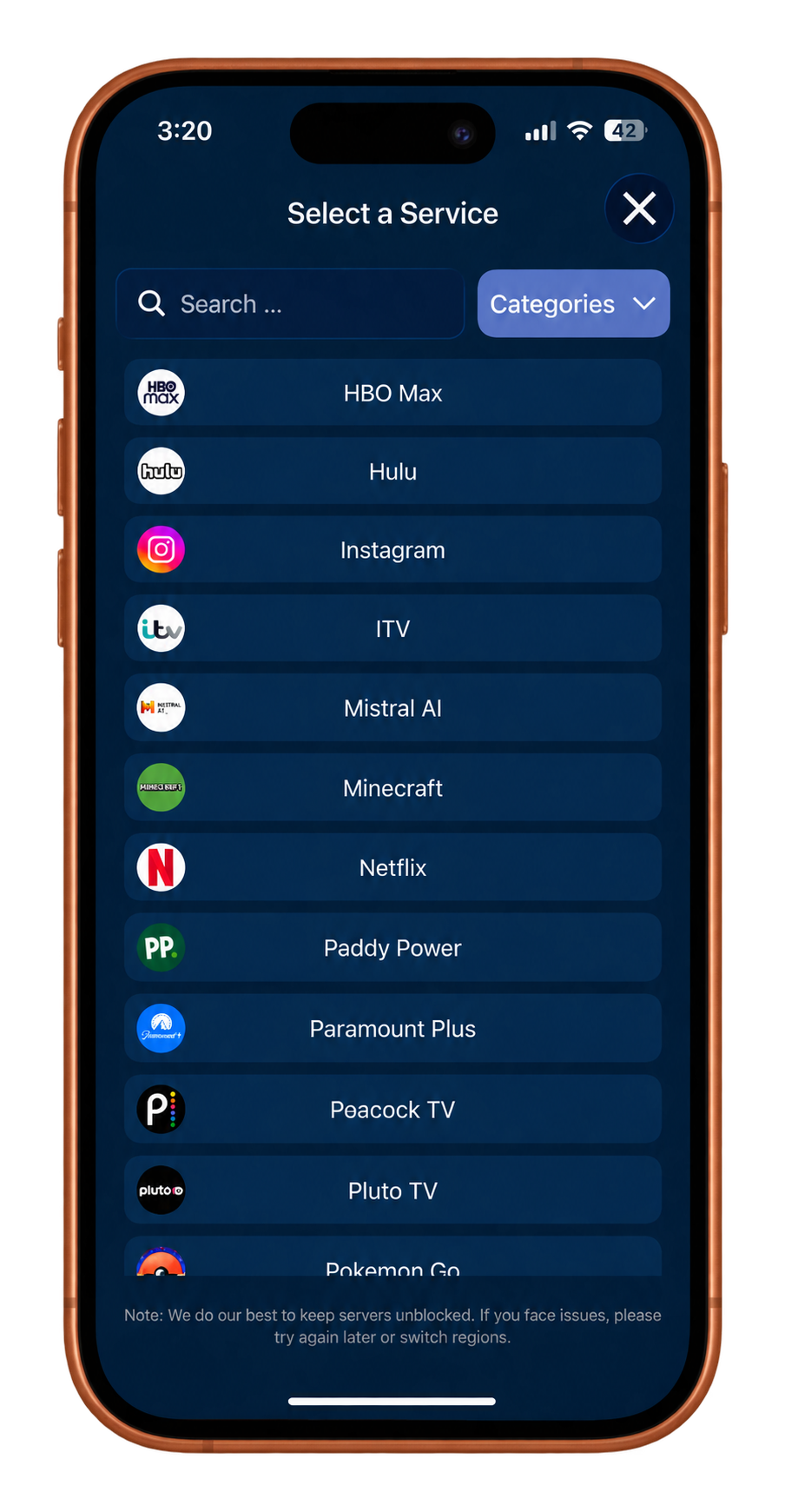 iPhone showing the VPN UK service selector for streaming, social, gaming and other services